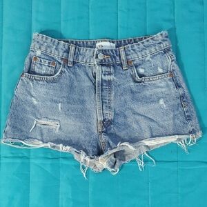 Zara Blue Jean Shorts Distressed High-Waisted